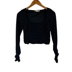 Good American Black Ruched Long Sleeve Square‎ Neck Crop Top